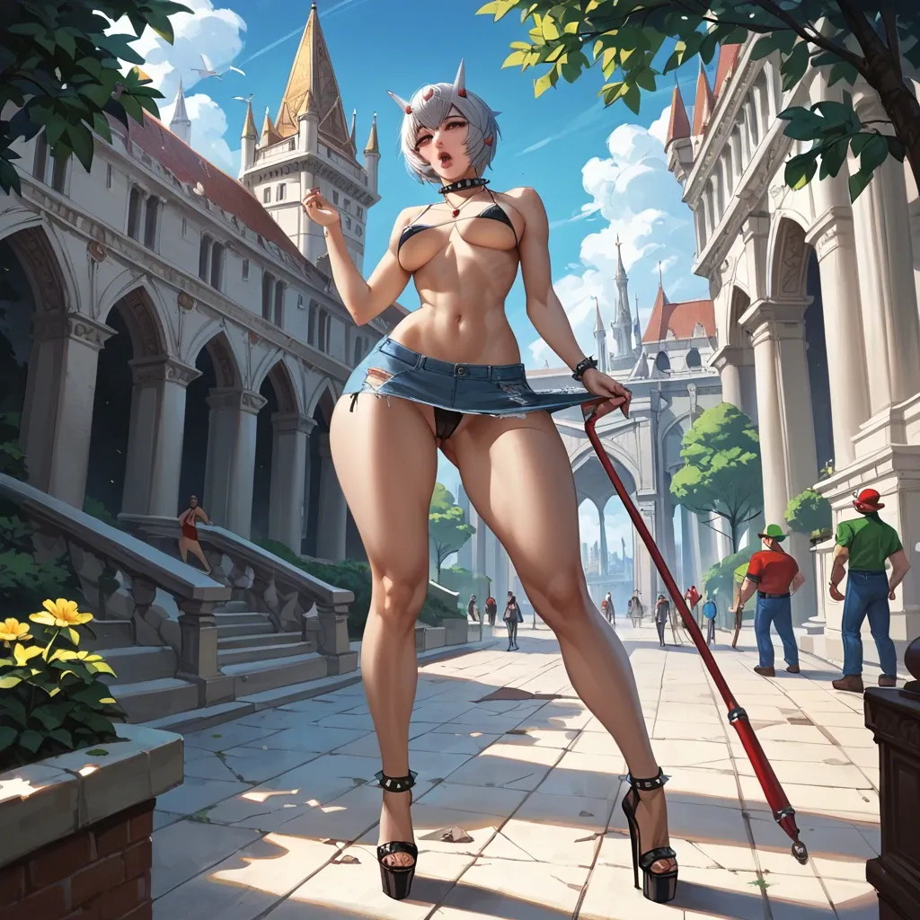 1girl,1boy, , , , perfect lips,finger on lips,medium breasts,gigantic hips,slim ankles, micro skirt,necklace,spiked collar,bikini top lift,heels, palace bedroom, public park, spaceship, mario and luigi, ayanami rei