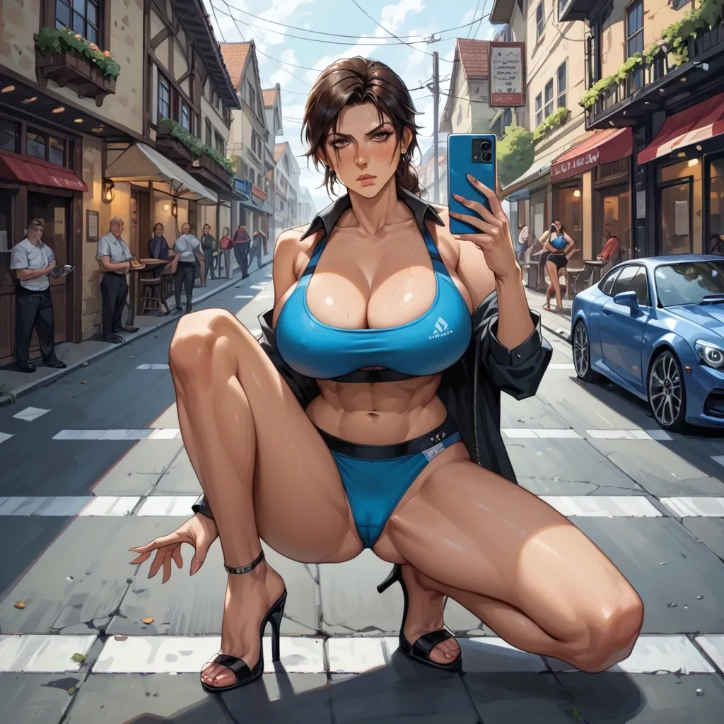 2girl, , , , cheek press,selfie arms,huge breasts,boobs,knee up, open uniform,lacey,panties,sports bra,stiletto heels, barefoot, parking, tavern, android, cyborg, source anime, studio lighting, lara croft, spider-gwen, asuka