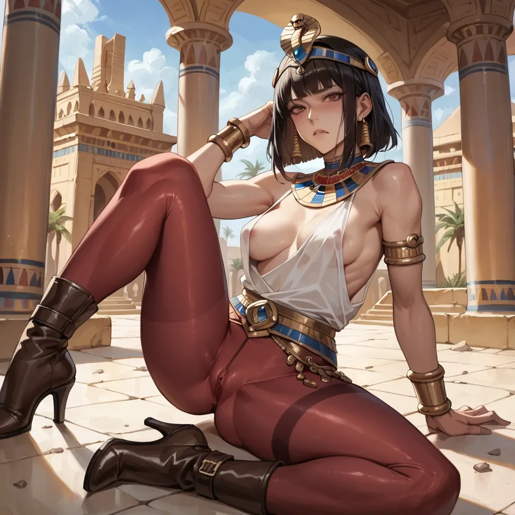 1girl,solo, , , , cheek press,wrists bound,areola slip,medium chest,bare shoulders, pants,egyptian palace,metal rings,maroon bodysuit,brown boots, tank top,tights,crown,white lingerie,heels, bare shoulders, daphne blake, spaceship, phone screen, high detailed, golden hour, princess zelda, reinhardt