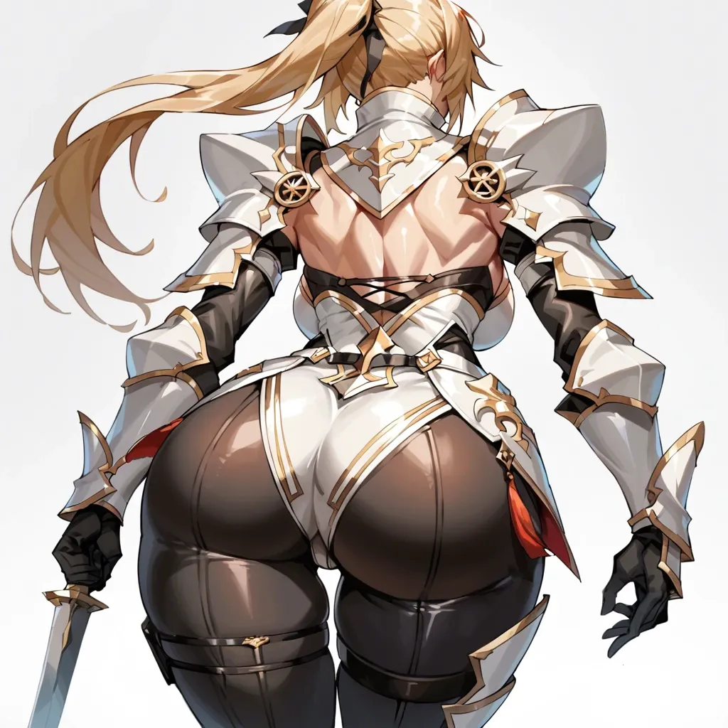 xelsword, knight tomboy, clothed female, torso armor, breastplate, backboob, thigh guard, black pants, blonde hair, huge ass, dat ass, wide hips, big thighs