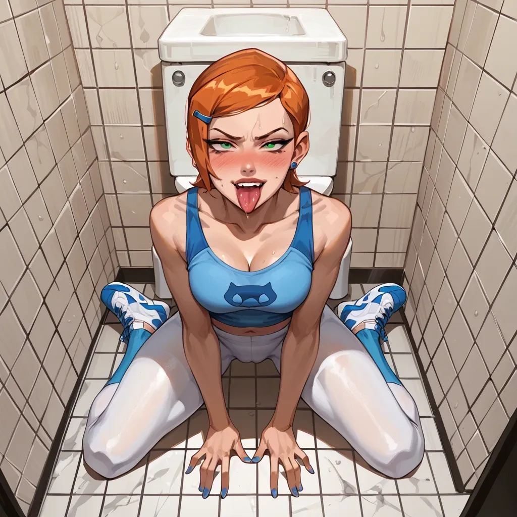 Gwen Tennyson (Ben 10), eye contact, seductive eyes, licking toilet seat, tongue touches toiletseat, blushing, naughty face, outfit, bathroom, curvaceous, fit body, white leggings, sneakers, kneeling, close-up