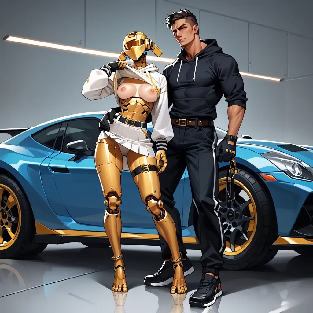 1girl,1boy, , , , strong jaw,4 toes,perfect nipples,bent at waist,robot joints, sweatshirt,gold anklets,suspender belt,white panties,no shoes, lifting skirt,anklets,racing gloves,beige bra,heels, kitchen, cyberpunk, detailed, nightdress, linked, wonder woman, reinhardt