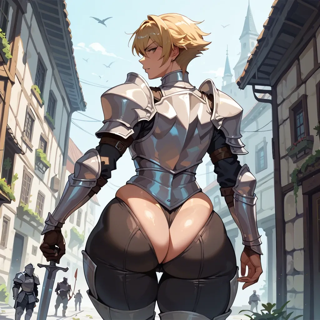 beolkkulcheese, knight tomboy, clothed female, torso armor, breastplate, thigh guard, black pants, blonde hair, huge ass, dat ass, wide hips, big thighs