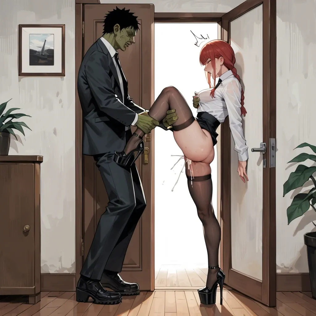 makima (chainsaw man),stockings,platform heels,deep thrusting,x-ray,creampie,mind broken,mind blank,tears,goblin,pressing,groping,leg up,doorway,female focus