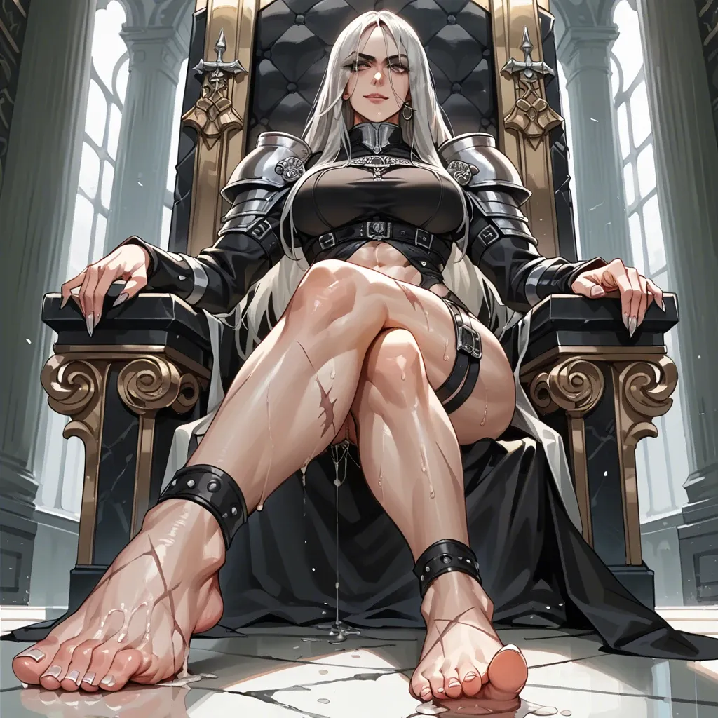 Angelise Reiter smiling,, muscular thighs, pussy juice, sweaty, scars, polished nails, foot fetish, thigh band, anime, throne, foot fetish, foot focus, navel peircing