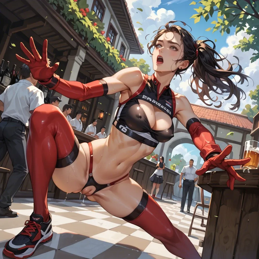 1girl,1boy, , , , reaching back,skinny legs,nipple bulge,breast press,broad shoulders, black crop top,red thighhighs,racing gloves,crotchless,shoes, school bathroom, gardens, tavern setting, detailed irises, man in the dark, tifa, anna