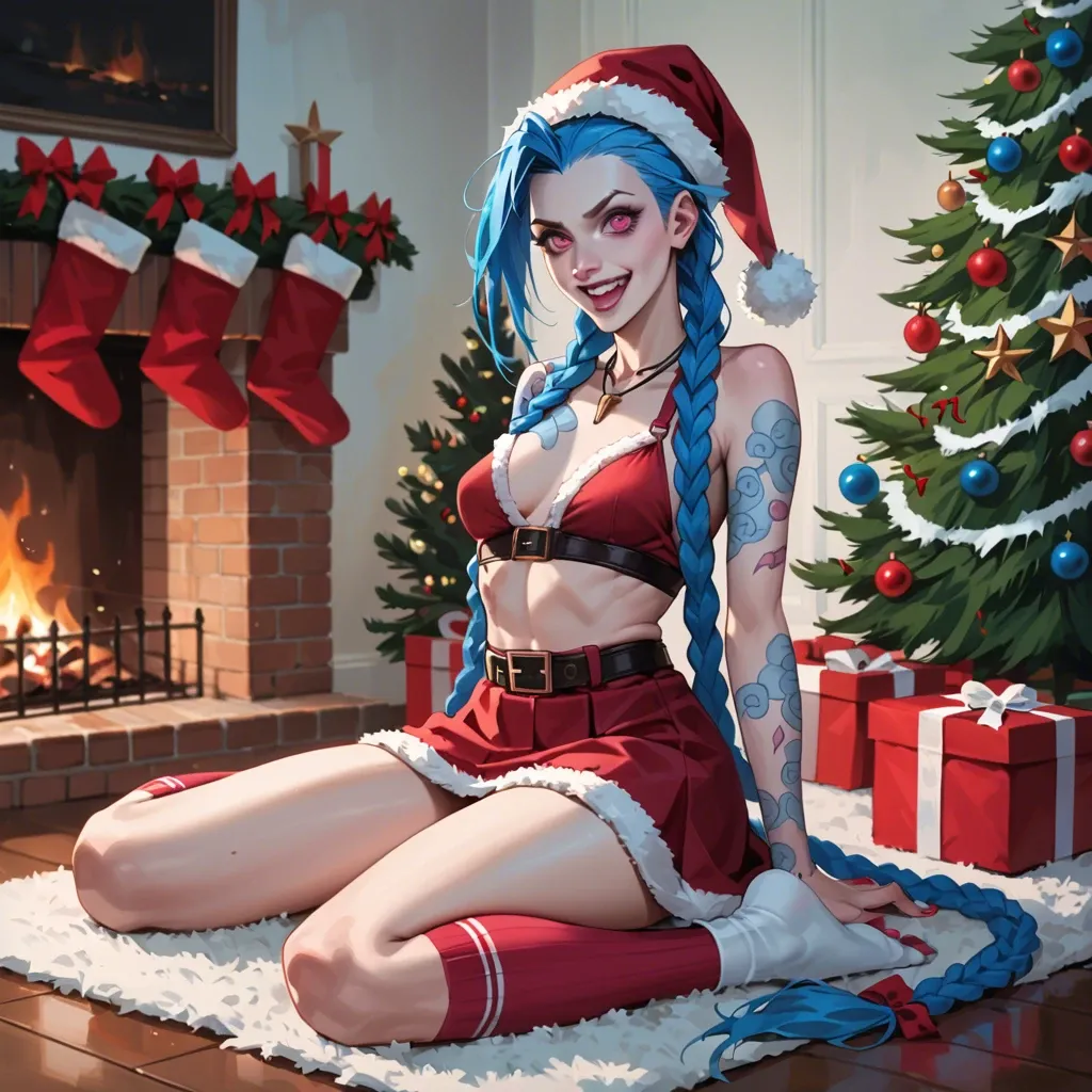 Jinx,league of legends,long blue hair,braids,christmas outfit,christmas hat,character,bright pink eyes ,full body,christmas tree,sitting,long socks,skirt,cozy,fireplace,excited,looking at viewer