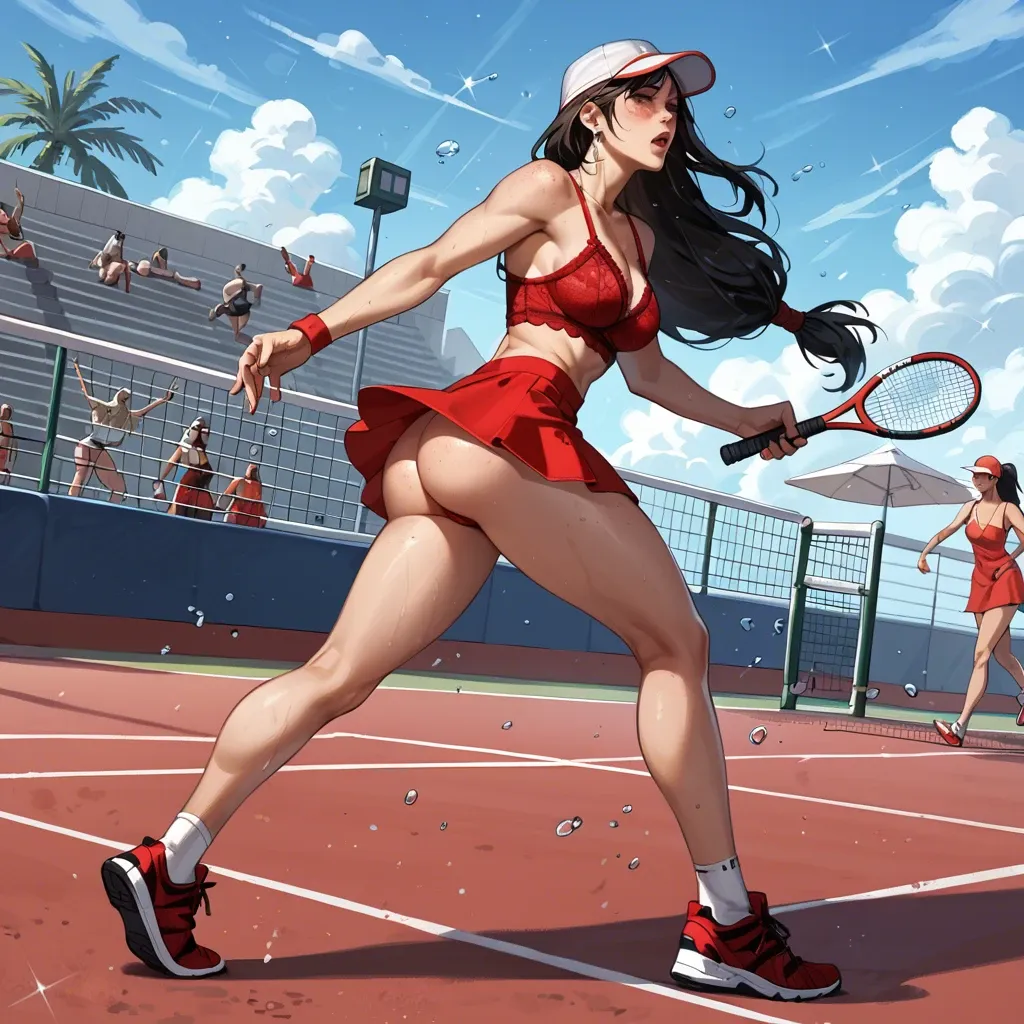 2girl, , , , freckled,camisole,perky big tits,arabian harem,shoulder, red dress,tight fishnets,tennis cap,lingerie,running shoes, bare ass, water sparkles, spiked dildo, tifa lockhart, anna, hinata