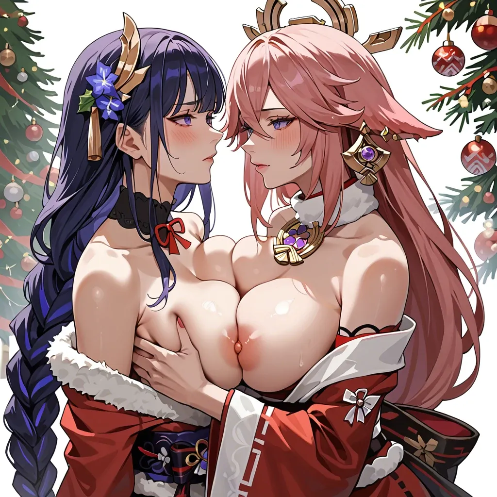 1girls 2girls Yae Miko, Shogun Raiden animal ears areolae asymmetrical docking bangs bare shoulders bell blush braid braided ponytail breast press breast-to-breast breasts christmas outfit christmas tree cleavage closed mouth clothing curvaceous curvaceous female curvaceous figure curvy curvy figure earrings eyebrows eyebrows visible through hair female female focus female only fox ears fur collar fur trim gift gloves hair between eyes hair ornament headwear huge breasts indoors inviting inviting to sex jewelry large breasts legwear long hair long sleeves looking at viewer mole mole under eye multiple girls nail polish navel nipples no bra nude open clothes open mouth parted lips pink hair ponytail presenting presenting breasts purple eyes purple hair purple nails red skirt santa costume santa hat seductive seductive look seductive smile sidelocks single braid smile stomach sweat symmetrical docking thick thighs thighs tied hair topless very long hair voluptuous voluptuous female