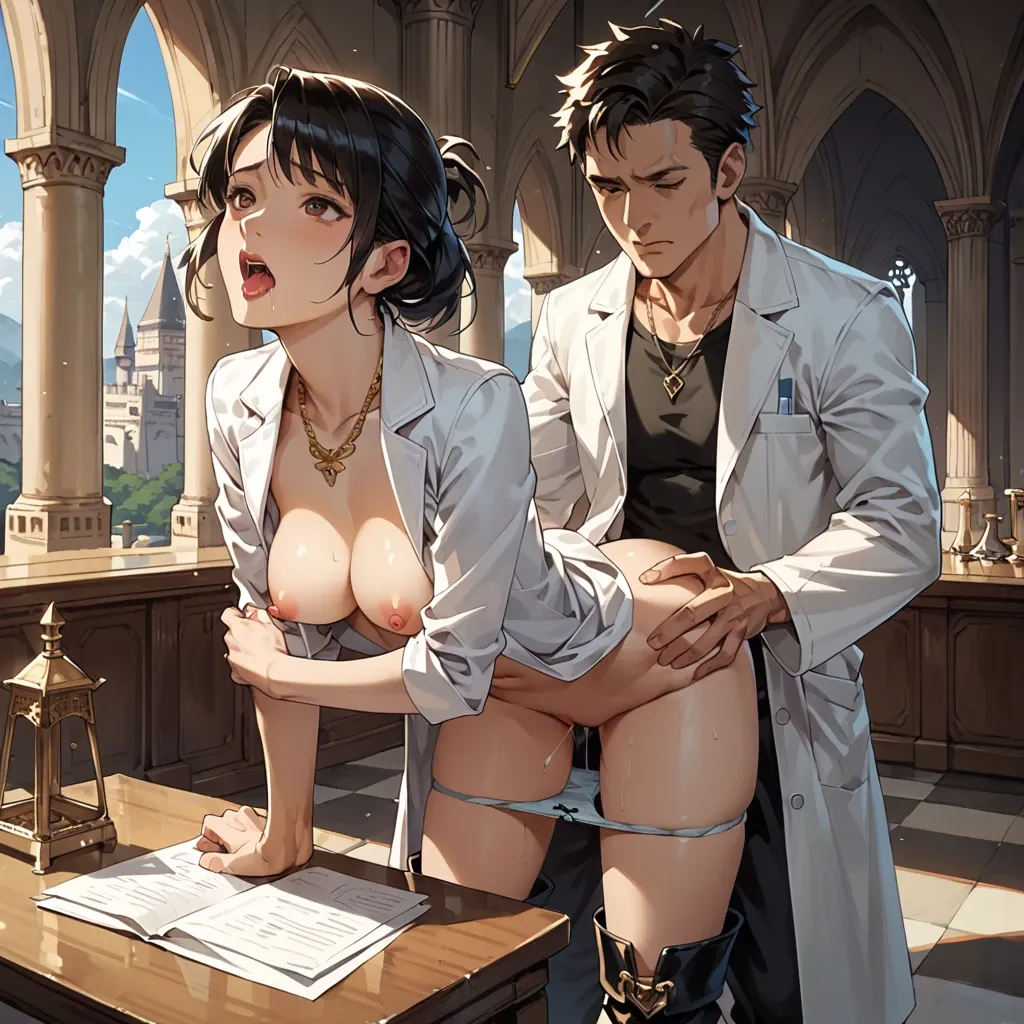 1girl,1boy, , , , watching,hands on table,nipple,arching back,mitanko, cute nose,elbow,nipples,lab coat,golden necklace, saliva on shirt,palace,panties visible,panties down,boots, unzipped pants,leg warmers,veil,red corset,gothic boots, office man, blake, cyberpunk, collar, link, wonder woman, waifu