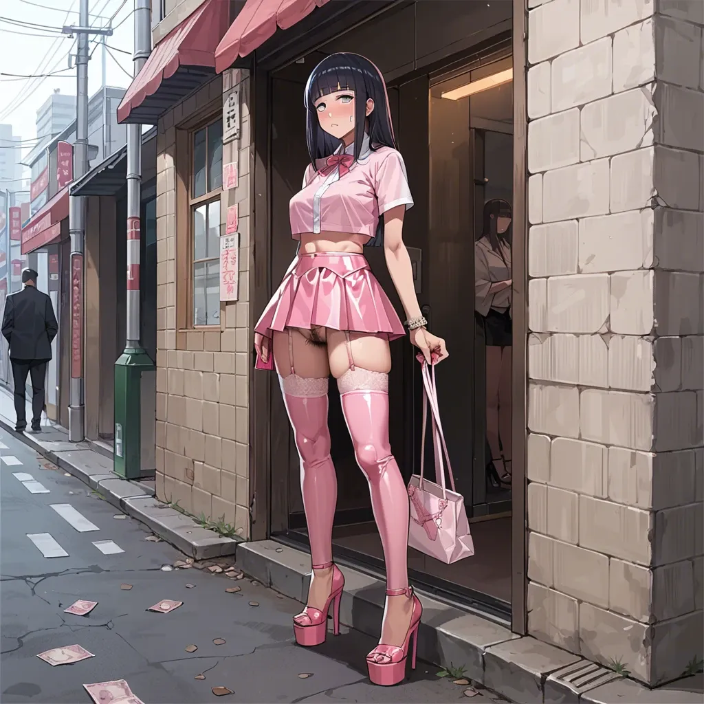 Hinata Hyuuga, anime, prostitute slut, prostituting herself, tigh micro blouse, lace garter belt, black long lace sockings, pink latex micro skirt, open crotch lace panties, pink platform high heels, pubic hair,  tote bag, in a corner,