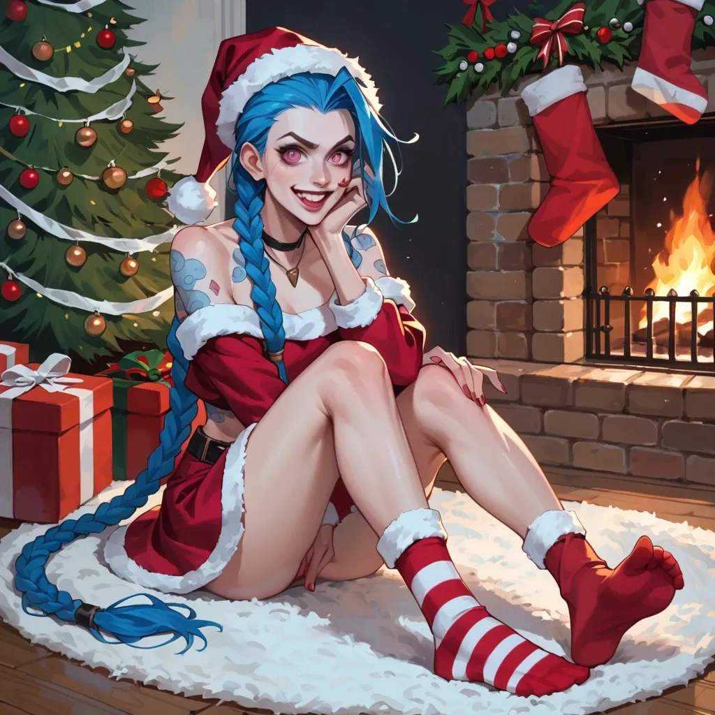 Jinx,league of legends,long blue hair,braids,christmas outfit,christmas hat,character,bright pink eyes ,full body,christmas tree,sitting,long socks,skirt,cozy,fireplace,excited,looking at viewer