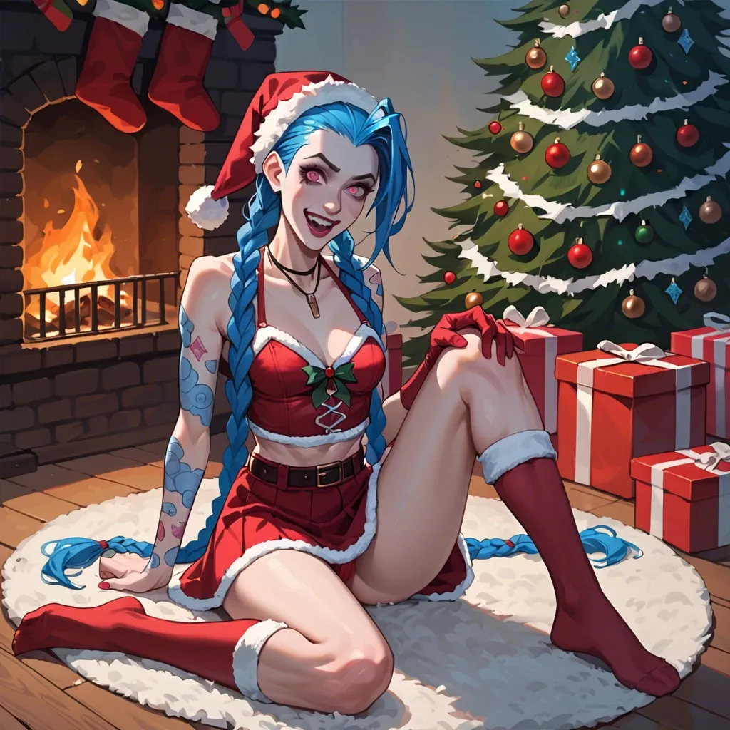 Jinx,league of legends,long blue hair,braids,christmas outfit,christmas hat,character,bright pink eyes ,full body,christmas tree,sitting,long socks,skirt,cozy,fireplace,excited,looking at viewer