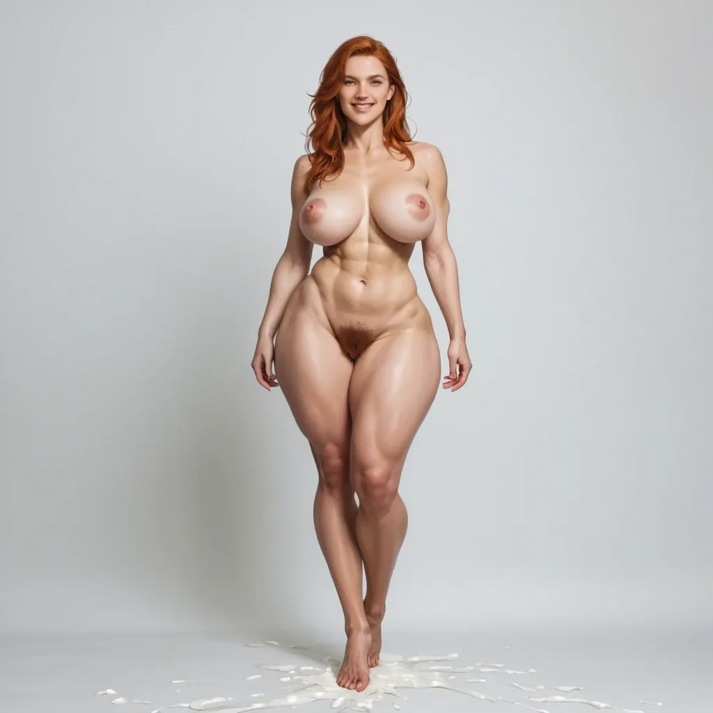 Front view, standing, smile, huge creampie, photorealistic, athletic, Thick gigantic legs, huge ass, gigantic ass, exuberant, outgrown, hairy pussy, naked, pawg, ginger, eye contact