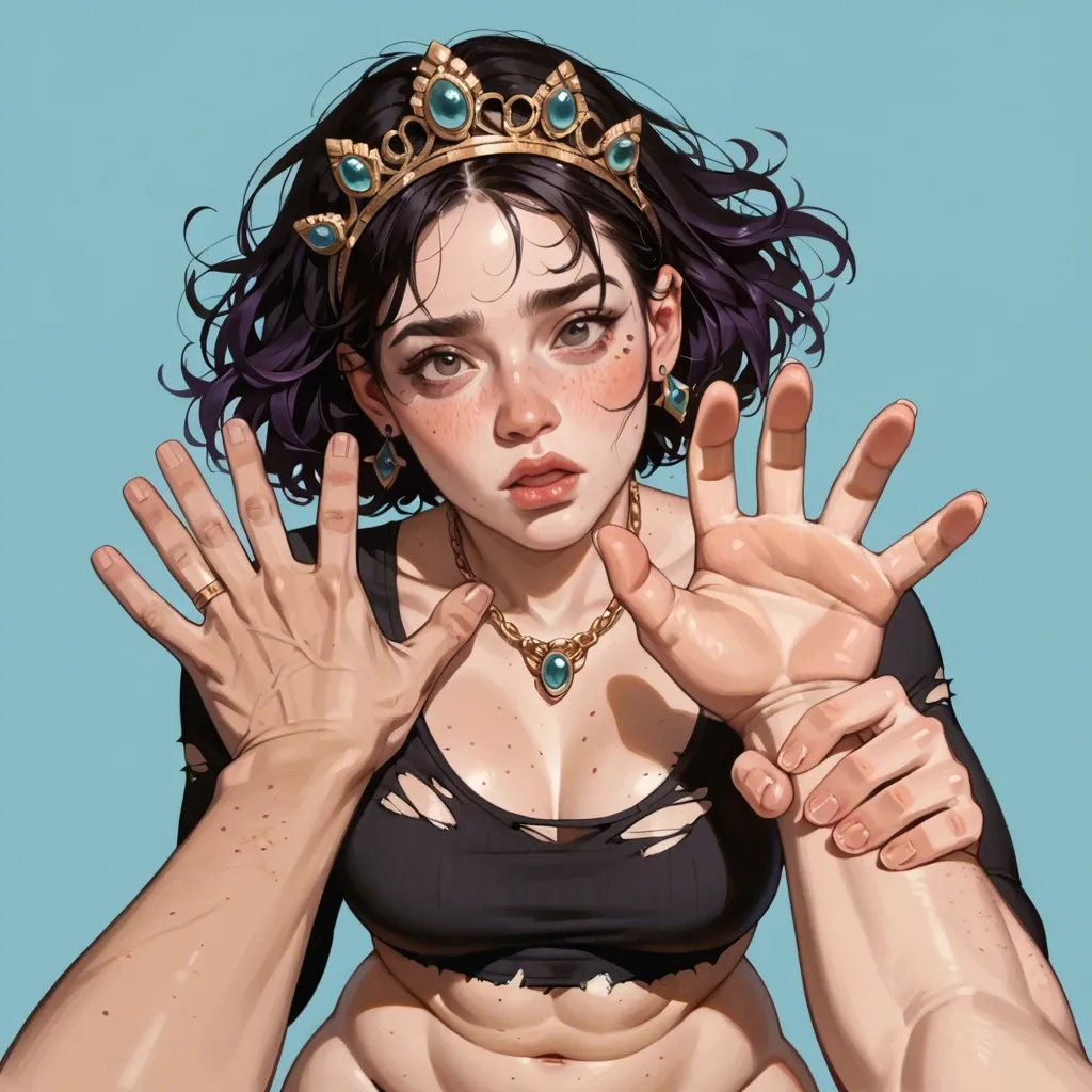 2girl, , , , freckles,big hands,perky tits,wide plump hips,purple necklace, freckled,pov hand,perky boobs,blue background,textured skin, black crop top,white socks,gold tiara,torn bodysuit,sandals, school bathroom, subway, cyberpunk, obedient slut, smartwatch, painted nails, night, tifa, anna, dynamic angle