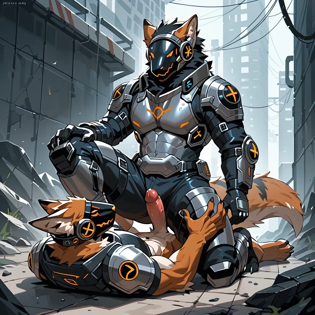 Furry, anthro, full body,  furry protogen, male only, future military armor, black armor , dominant pose, foot job, gay