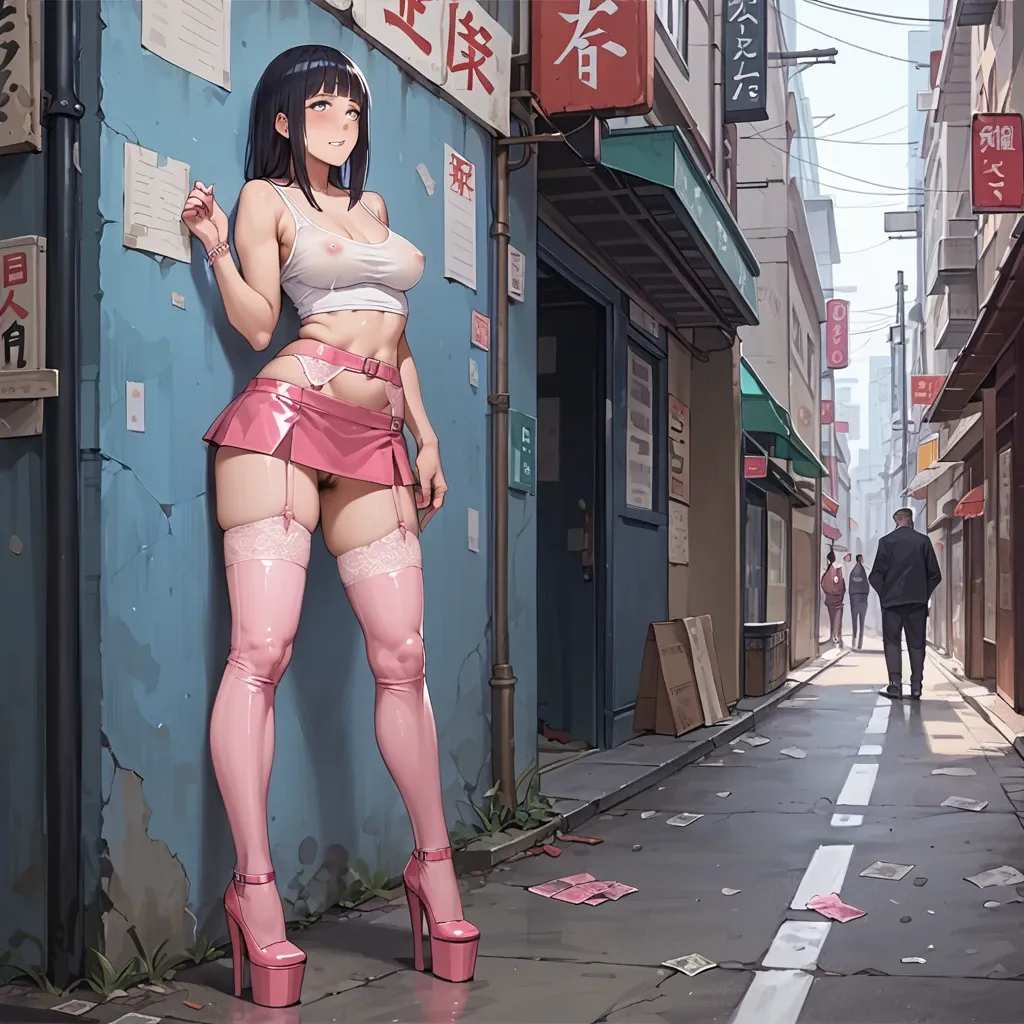 Hinata Hyuuga, anime, prostitute slut, prostituting herself, tigh white micro tank top, garter belt, lace blqck long socks, pink latex micro skirt, open crotch lace panties, pink platform high heels, pubic hair, in a street corner,