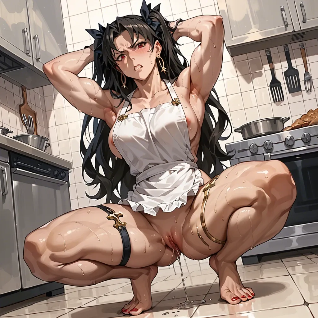 Ishtar disgusted, anime, polished nails, muscular thighs, thigh band,nude, pussy juice, foot fetish,sweat sweaty, squatting arms up kitchen apron