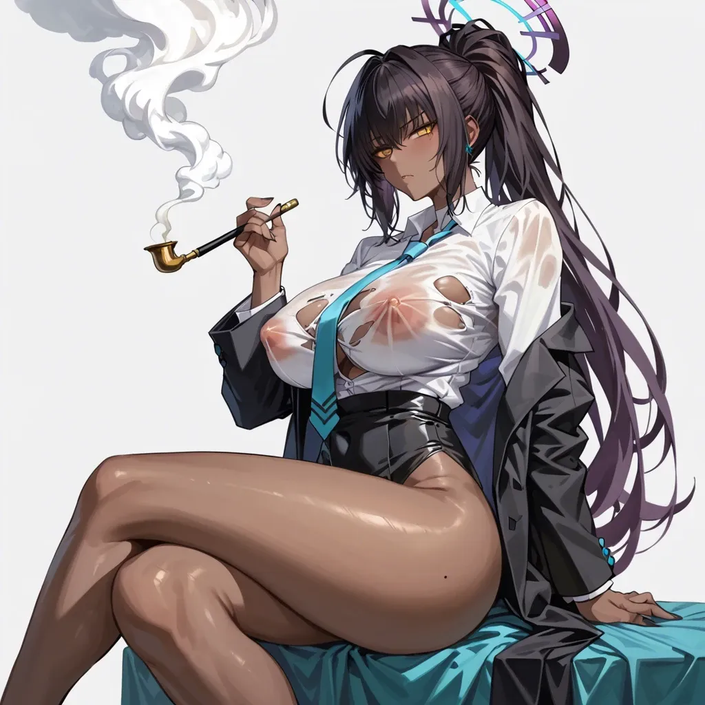 Karin, Blue Archive, dark skinned, big massive tits, suit, erect nipples, sitting, smoking pipe, japanese pipe