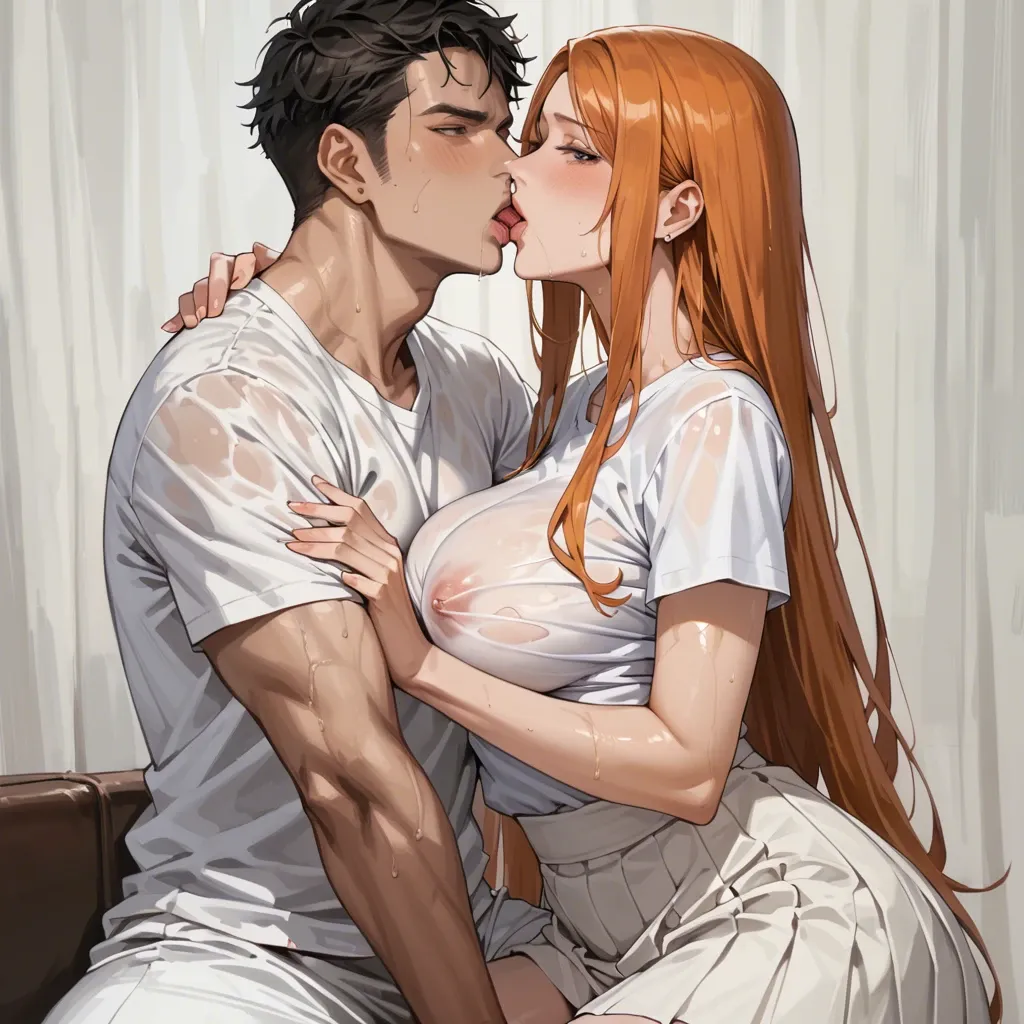 Orihime inoue, huge boobs, white overzised T-Shirt, white skirt, pretending to kiss the viewer, Looking at viewer, sweaty