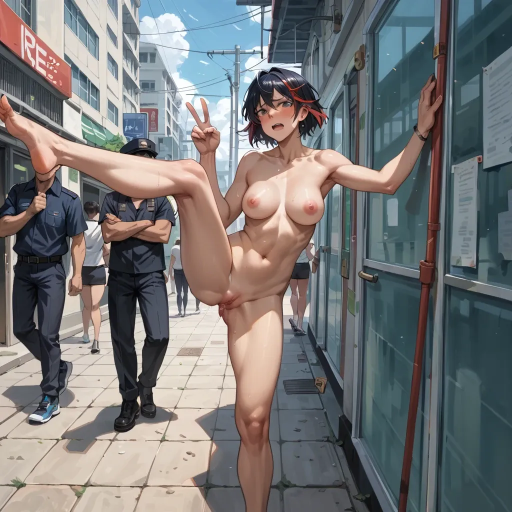 Ryuko Matoi naked in public embarrassed peace sign leg up people watching