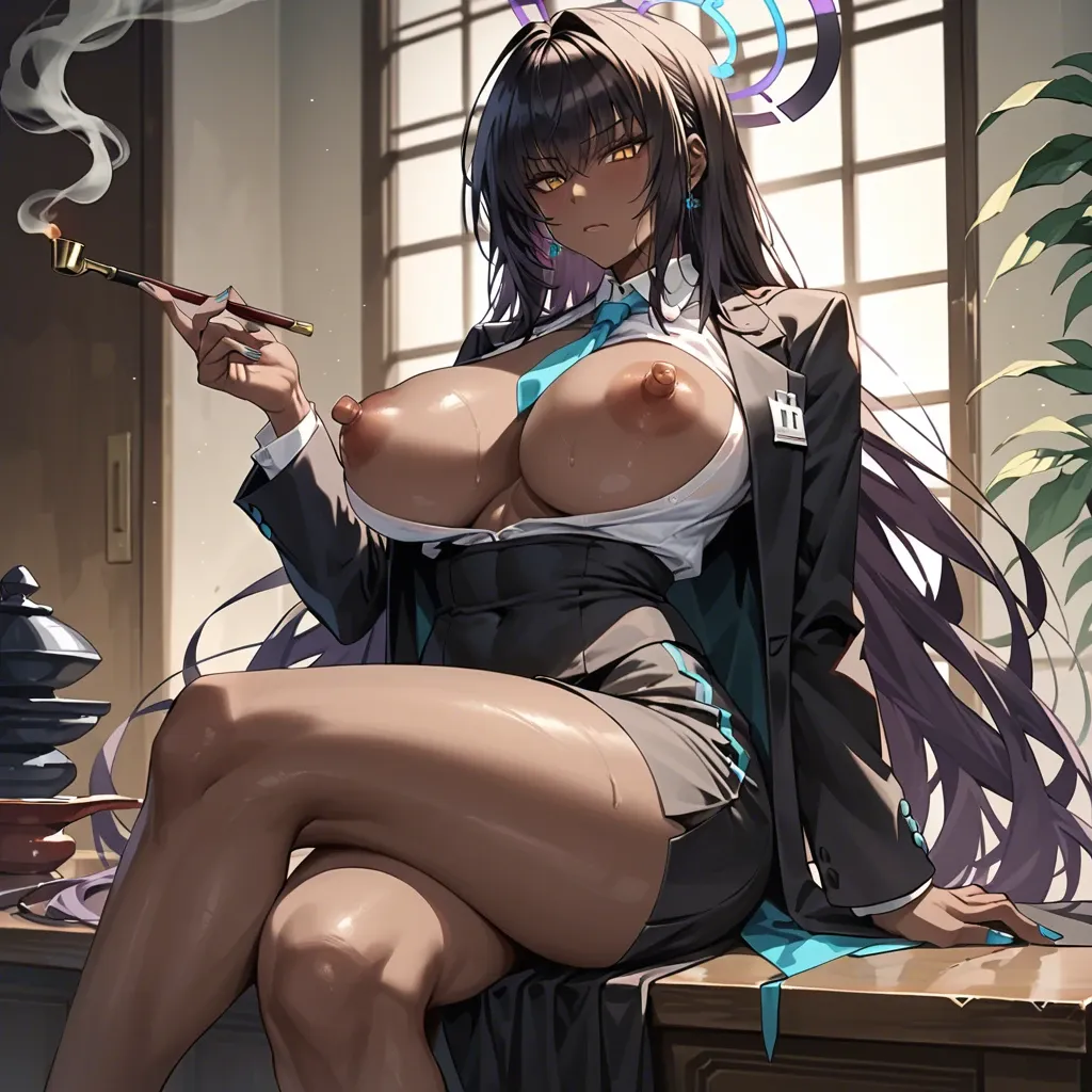 Karin, Blue Archive, dark skinned, big massive tits, suit, erect nipples, sitting, smoking pipe, japanese pipe