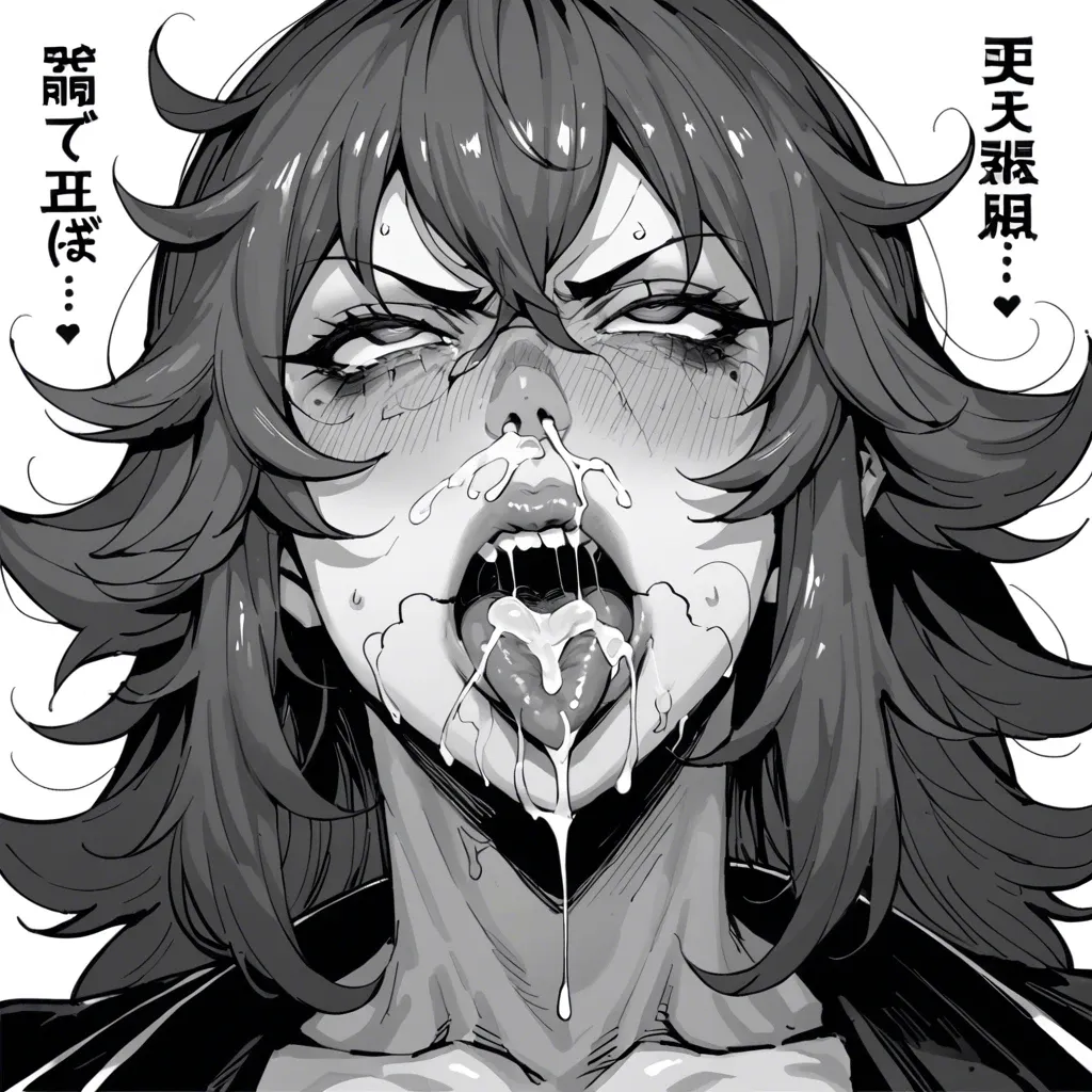 japanese text, monochrome manga, solo, Mereoleona Vermillion, angry face, tongue out, drooling, cum in nose, rolling eyes, stray pubic hair, blush, saliva on face, puffy lips