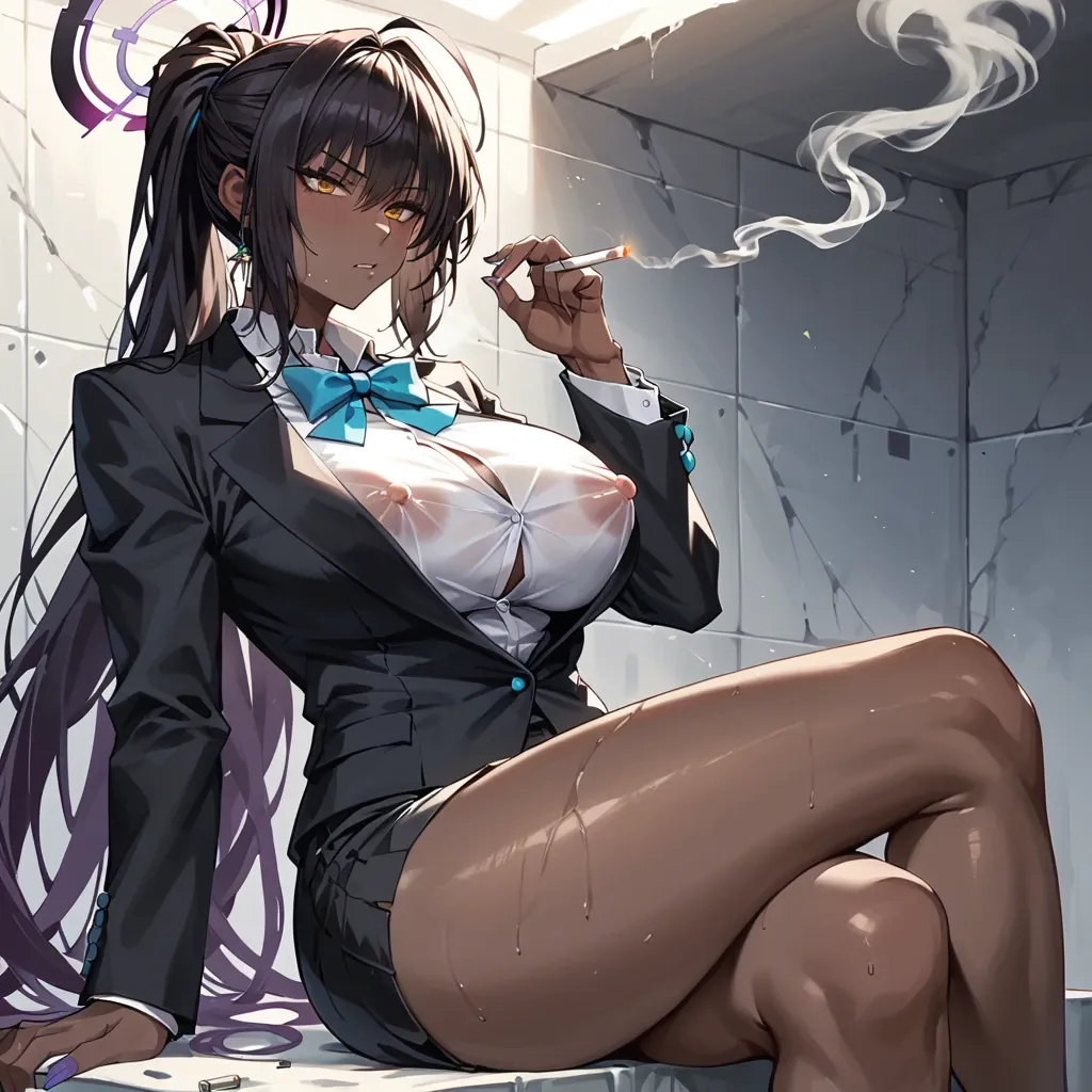 Karin, Blue Archive, dark skinned, big massive tits, suit, erect nipples, sitting, smoking cigarette