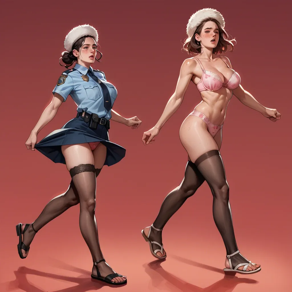 2girl, , , , freckled breast,ankle,round boobs,red background,free shoulders, police uniform,sexy stockings,print panties,bra lift,sandals, lift dress up,stockings,fur hat,pink panties,running shoes, bedroom, city, dungeon, robot body, lara croft, wonder woman