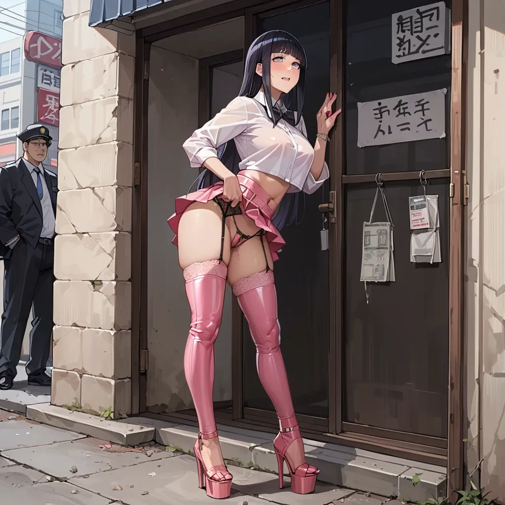 Hinata Hyuuga, anime, prostitute slut, prostituting herself, tigh white micro blouse, lace garter belt, black lace sockings, pink latex micro skirt, open crotch lace panties, pink platform high heels, pubic hair,  tote bag, in a corner,