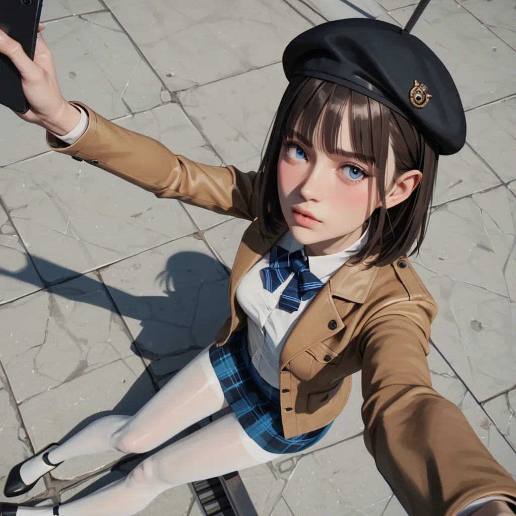 1girl,3d,selfie, high-angle view, American,blue eyes, brunette bob fringe ,beret, jacket,plaid upskirt, very skinny,slim contexture, very tall, Long legs,white pantyhose,bare round implants ,blush,hairy pussy