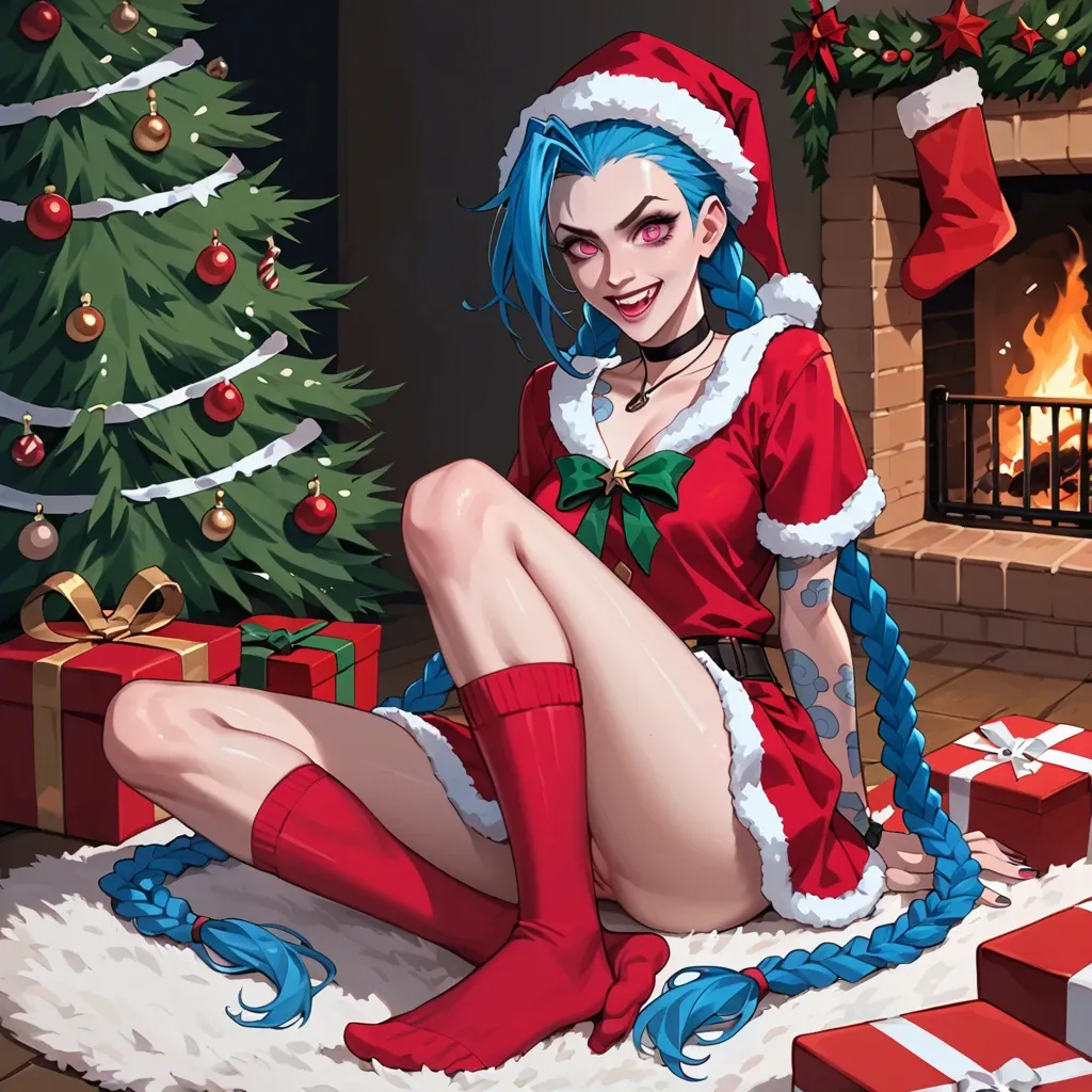 Jinx,league of legends,long blue hair,braids,christmas outfit,christmas hat,character,bright pink eyes ,full body,christmas tree,sitting,long socks,skirt,cozy,fireplace,excited,looking at viewer