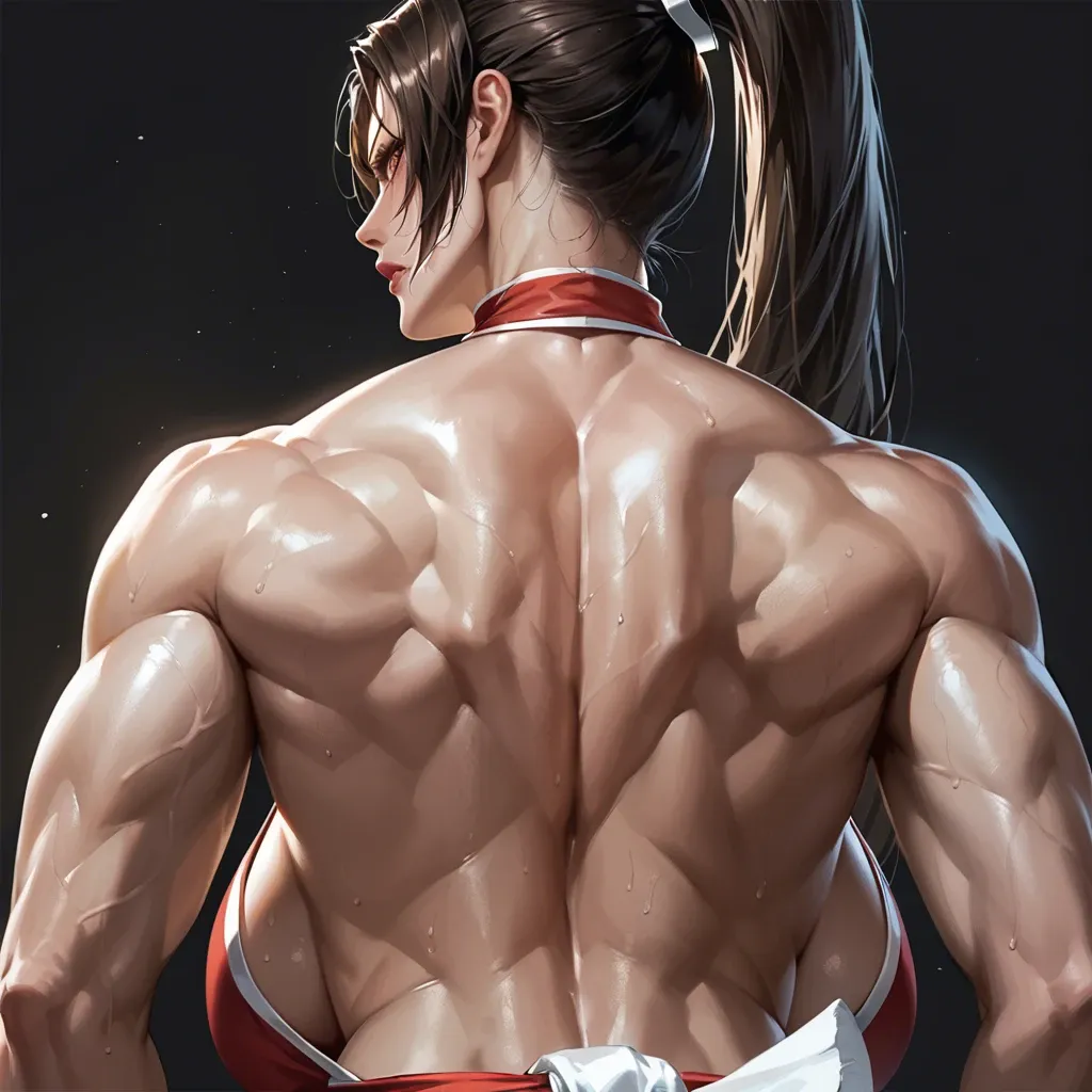 1 girl, Mai Shiranui, good face, brilliant eyes, focus from behind, upper body, tight clothes, detailed face, black background, do not show hands, massive ass, massive breast, abs, High definition, backless dress