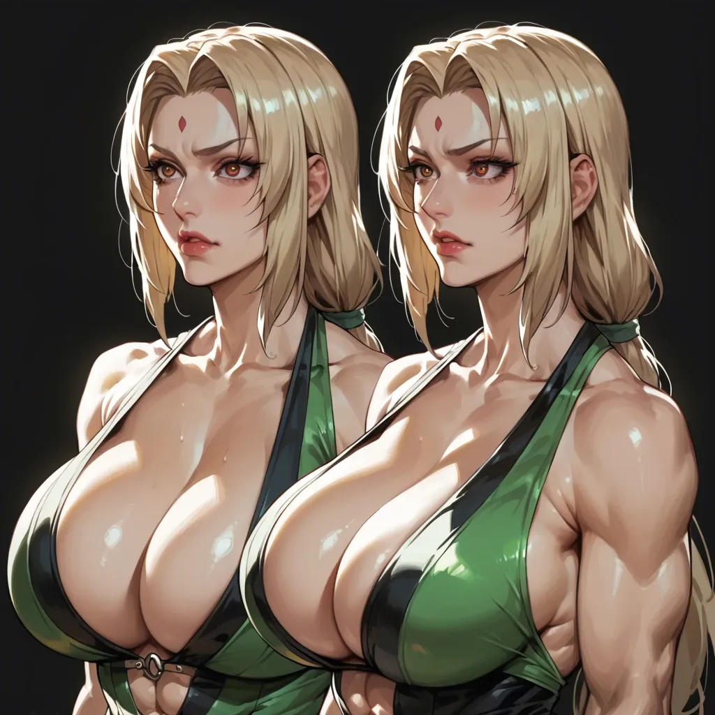 1 girl, Tsunade, good face, brilliant eyes, body profile, upper body, tight clothes, detailed face, black background, do not show hands, massive ass, massive breast, abs, High definition, backless dress