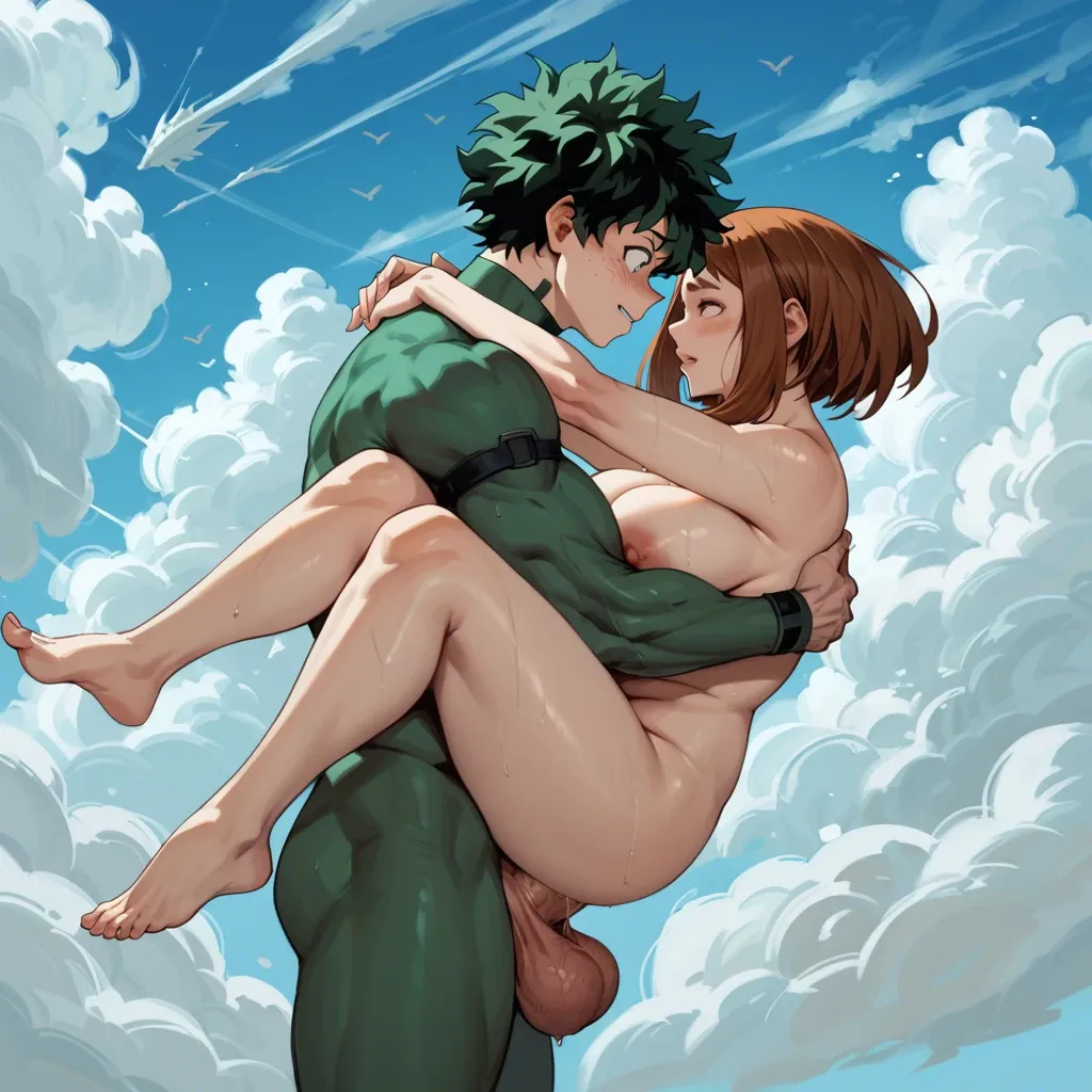 Ochaco Uraraka, naked, carry sex, vaginal penetration, Ochaco legs hugging around Izuku, hugging, looking into eyes, extreme pleasure, Izuku Midoriya, massive bulging hyper penis, swollen balls, floating, in sky, full body view