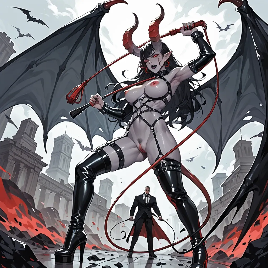 Succubus dominatrix, grey skin, black hair, red eyes, long horns, giant wings, tail, platform heeled boots, whip, dominating man