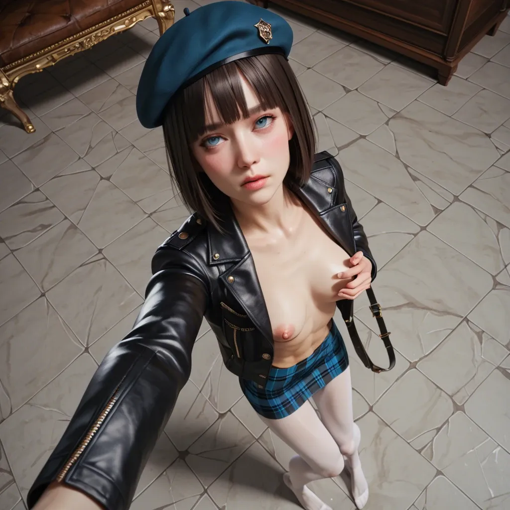 1girl,3d,selfie, high-angle view, American,blue eyes, brunette bob fringe ,beret, jacket,plaid upskirt, very skinny,slim contexture, very tall, Long legs,white pantyhose,bare round breast, blush,hairy pussy , office