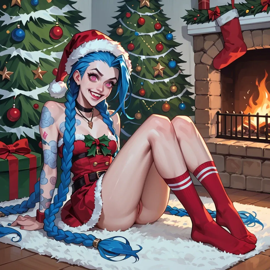 Jinx,league of legends,long blue hair,braids,christmas outfit,christmas hat,character,bright pink eyes ,full body,christmas tree,sitting,long socks,skirt,cozy,fireplace,excited,looking at viewer