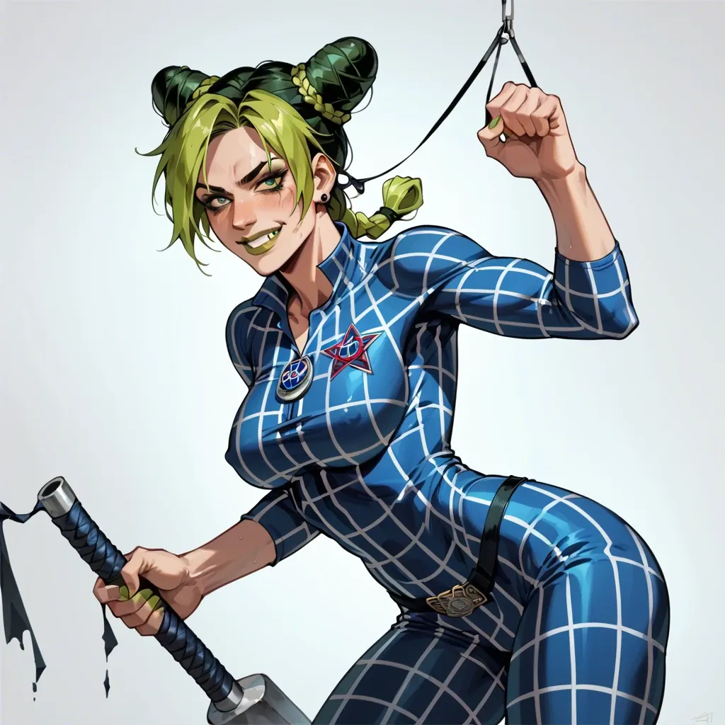 Jolyne Kujo stands tall, fully clothed in clothes. Smiling