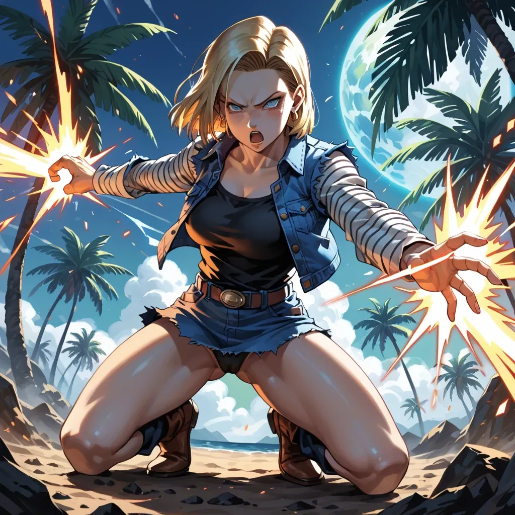 Android 18, palm open firing a massive Kamehameha-like energy wave in the style of Dragon Ball, straight trajectory, bright and intense energy blast, dynamic action pose, detailed anime style, vibrant colors, highly detailed, sharp focus, cinematic lighting, digital art, trending on ArtStation, no sword, energy wave only, Kamehameha, wide shot, high resolution, ultra realistic"