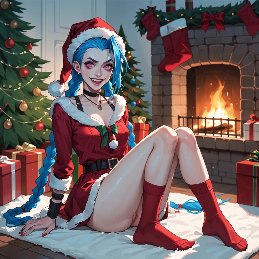 Jinx,league of legends,long blue hair,braids,christmas outfit,christmas hat,character,bright pink eyes ,full body,christmas tree,sitting,long socks,skirt,cozy,fireplace,excited,looking at viewer