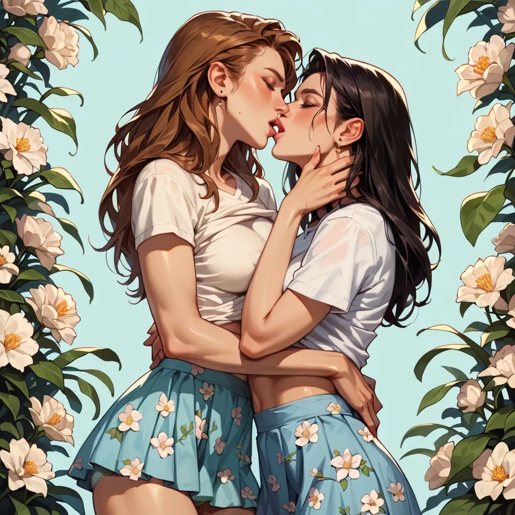 Two cute beautiful young slim girls, lesbians, 30 years old, caucasians, in multicolor home cotton panties with flowers and t-shirt home cotton underwear, in summer skirts, upskirting, kissing, hugging each other, She lifts her skirt so that her panties are visible, redhead, in full growth, toon style, upskirt