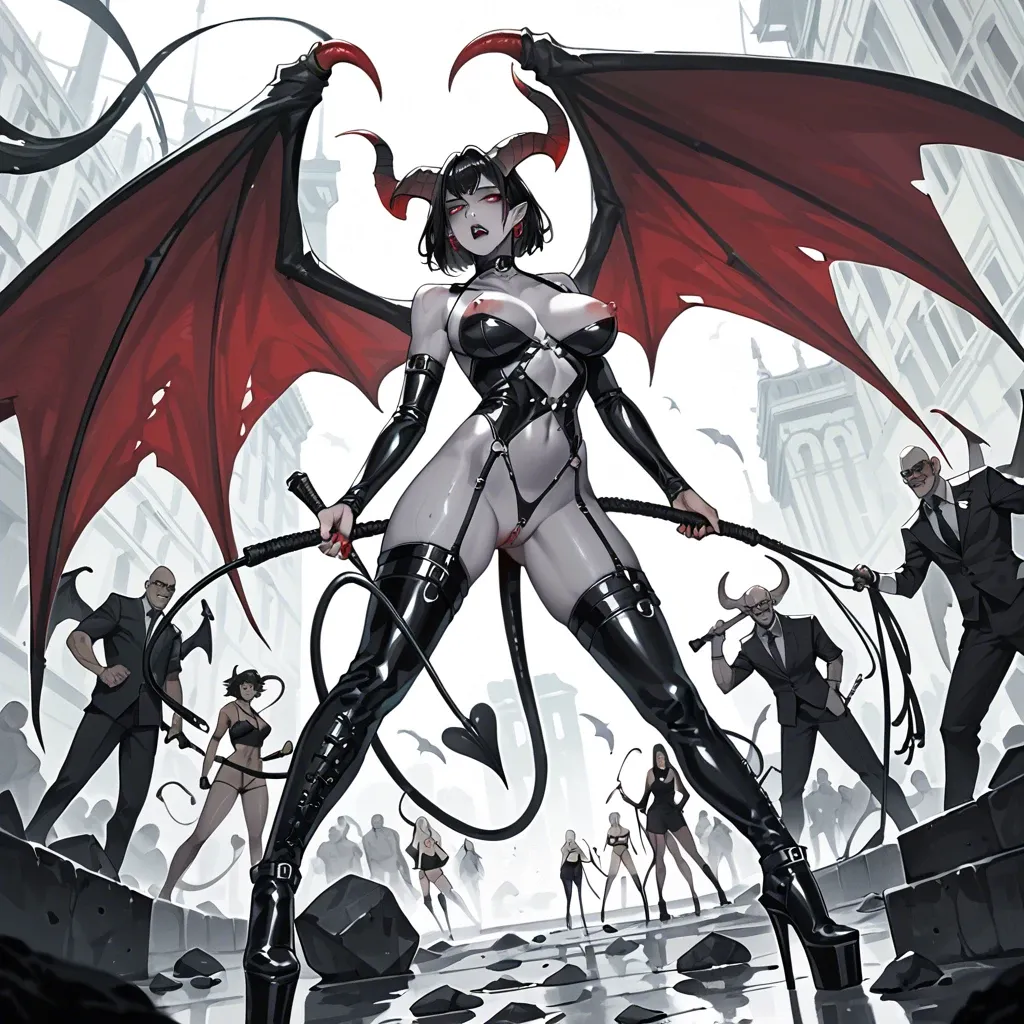 Succubus dominatrix, grey skin, black hair, red eyes, long horns, giant wings, tail, platform heeled boots, whip, dominated man