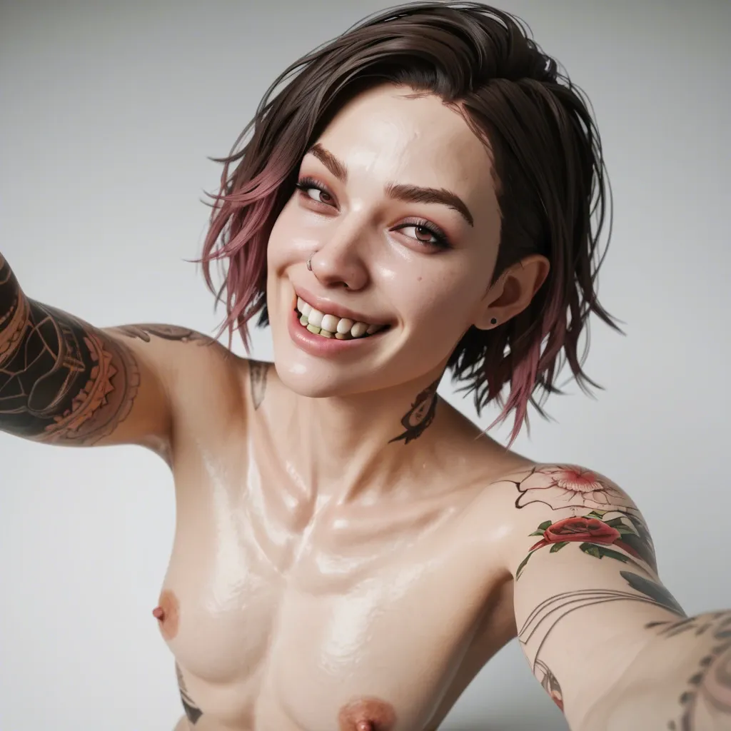 1femboy, 3d,white paled skin,veiny penis, pixie nose,bob hair, brunette dyed hair, skinny,arm tattoos, crooked nose, large teeth, big nostrils,big smile,high-angle, selfie,long nose, medium breast,