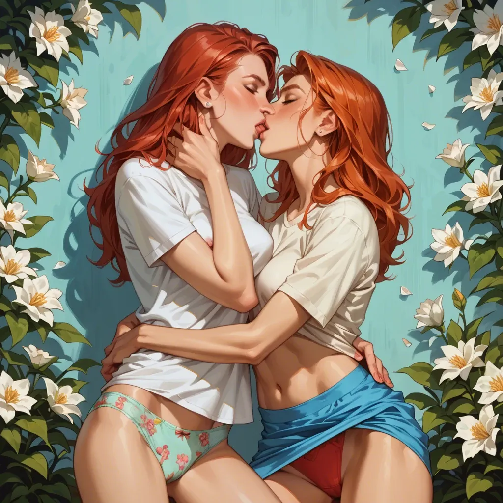 Two cute beautiful young slim girls, lesbians, 30 years old, caucasians, in multicolor home cotton panties with flowers and t-shirt home cotton underwear, kissing, hugging each other, redhead, in full growth, toon style, upskirt