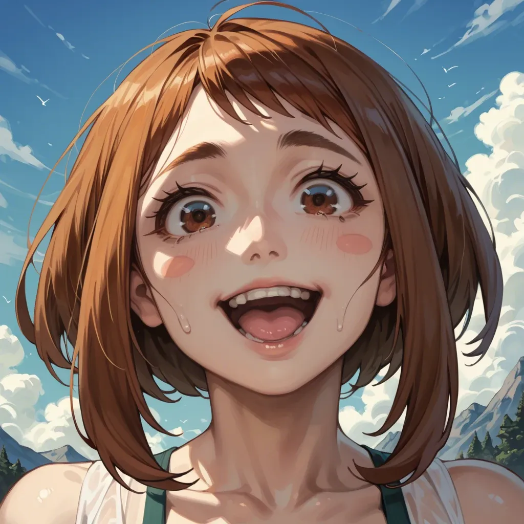 Ochaco Uraraka, happy expression, ultra high detailed face, zoom to her face, mountain background