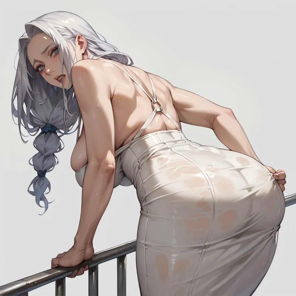 Mirajane . She was wearing a tight, low-cut white dress that clung to her every curve, putting her large, round breasts and plump, juicy ass on full display.