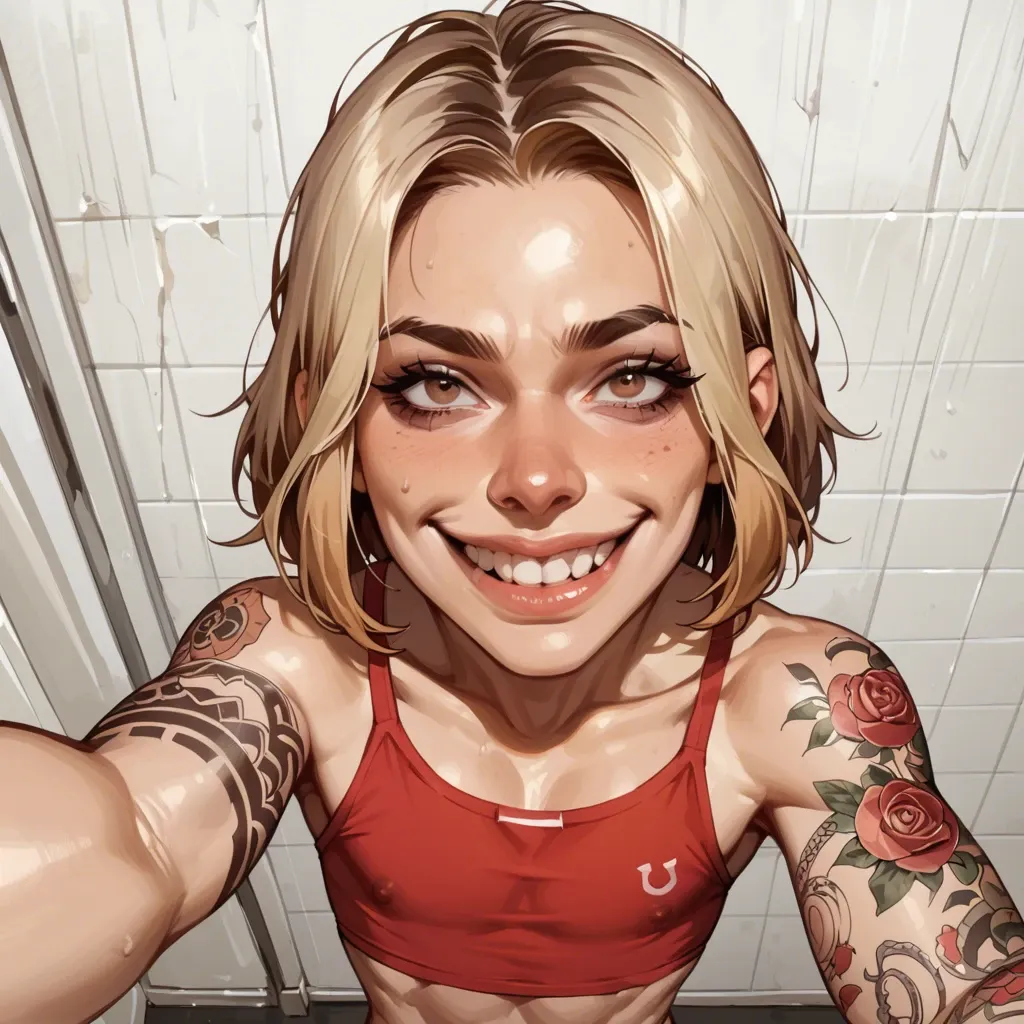 1femboy, bob hair,brown dyed blonde hair, skinny,white paled,arm tattoos,deep nose bridge, large nose,red top, veiny penis,big perfect teeth, big smile,high-angle selfie,