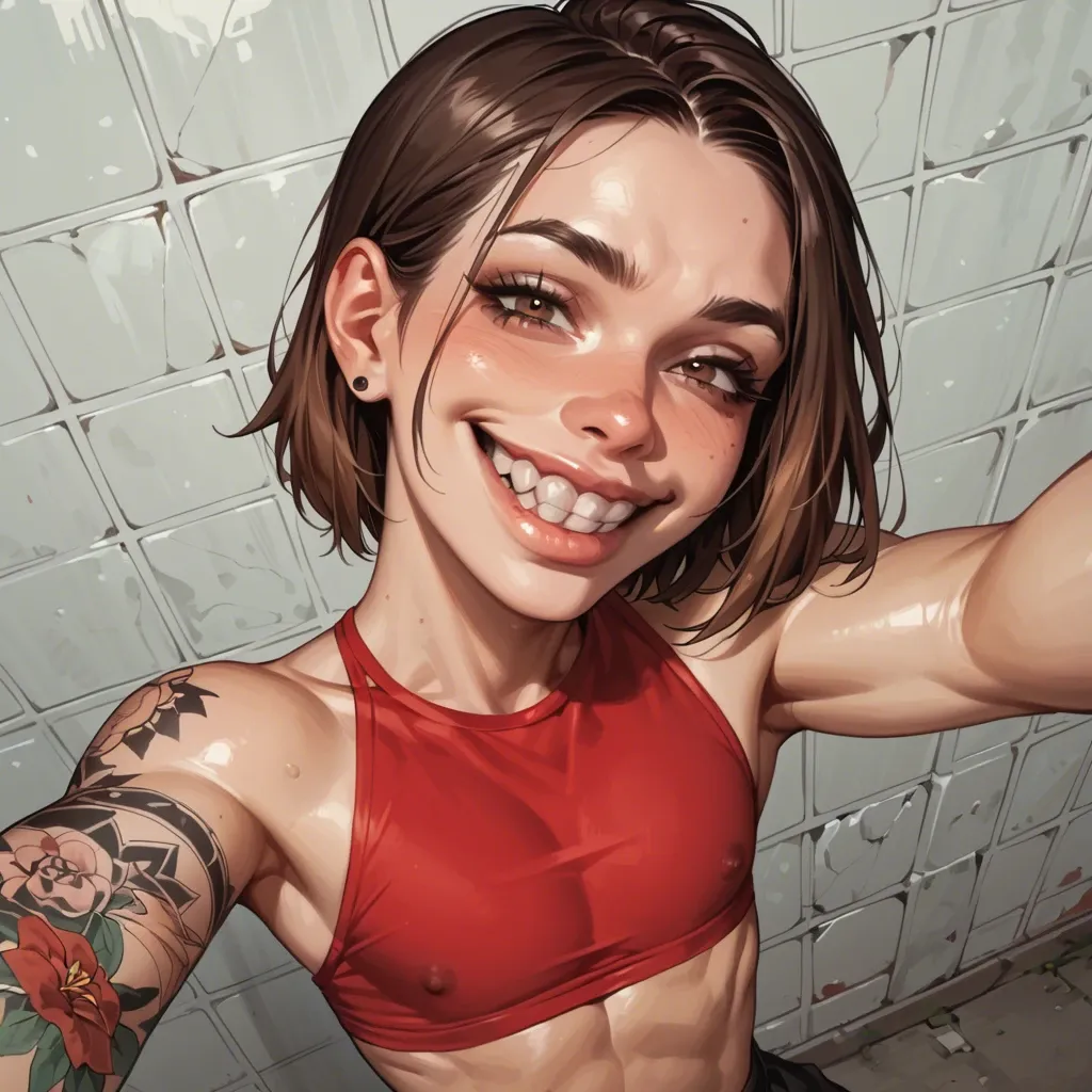 1femboy, bob hair, brunette dyed brown hair, skinny,white paled,arm tattoos,deep nose bridge, large nose, cute,red top, veiny penis,big perfect teeth, big smile,high-angle selfie,