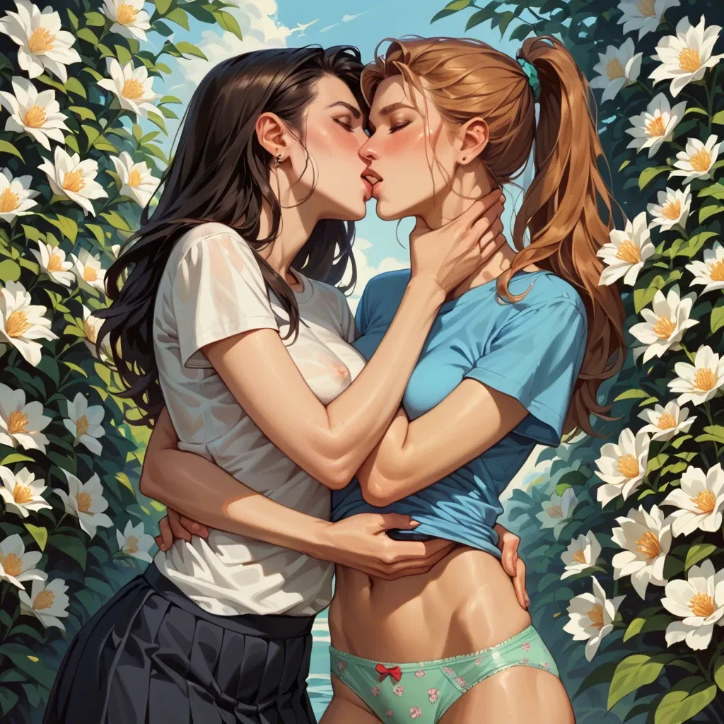 Two cute beautiful young slim girls, lesbians, 30 years old, caucasians, in multicolor home cotton panties with flowers and t-shirt home cotton underwear, upskirting, kissing, hugging each other, She lifts her skirt so that her panties are visible, redhead, in full growth, toon style, upskirt